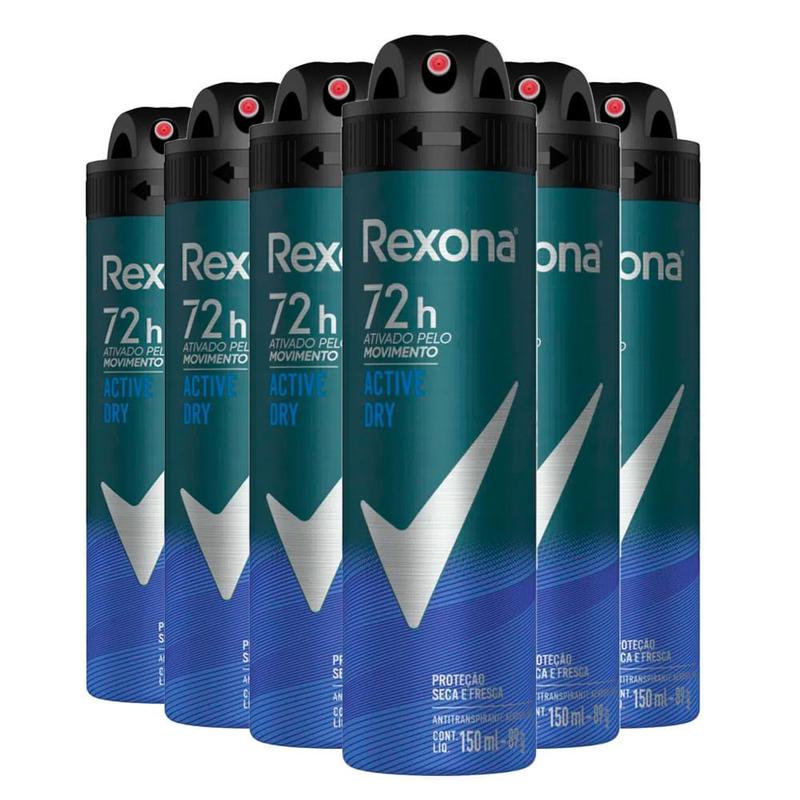 Kit Desodorante Aerosol Rexona Active Dry/Azul 150ml - 6 Unidades